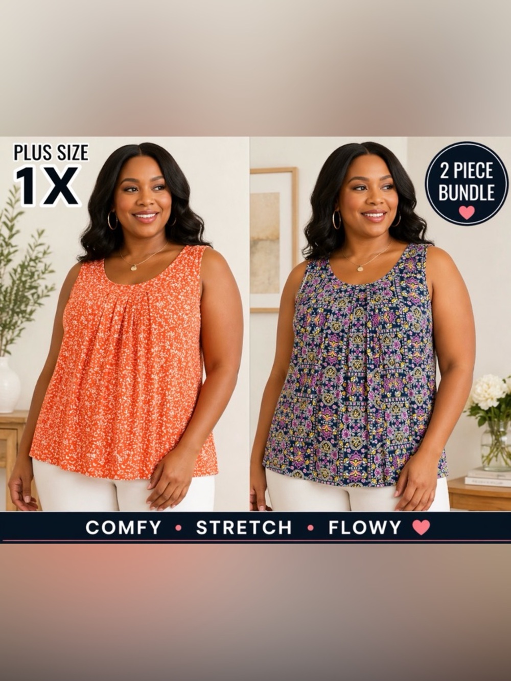 Croft & Barrow 1X Tank Bundle Floral + Orange Sleeveless Plus Size